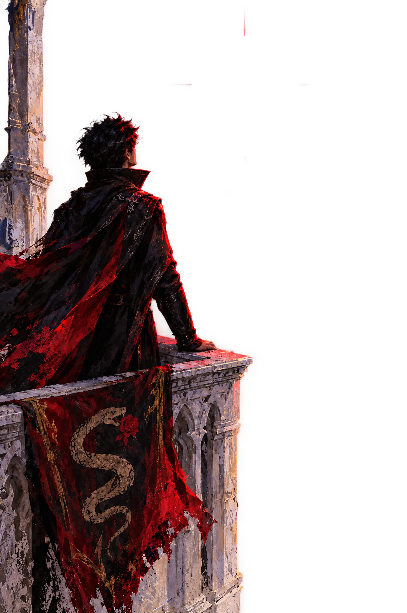 Joss Elrin on a palace balcony beneath the Bloodstar Cross
